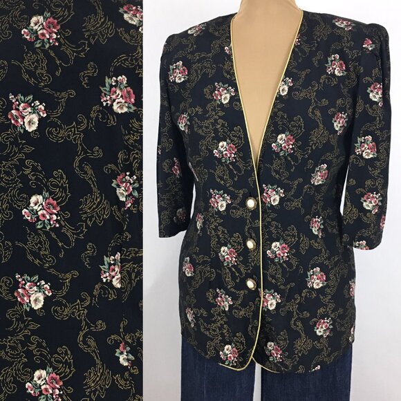 Vintage Jackets & Blazers - Vintage Asian Inspired Floral Black Mid Length Blazer Puff Sleeves